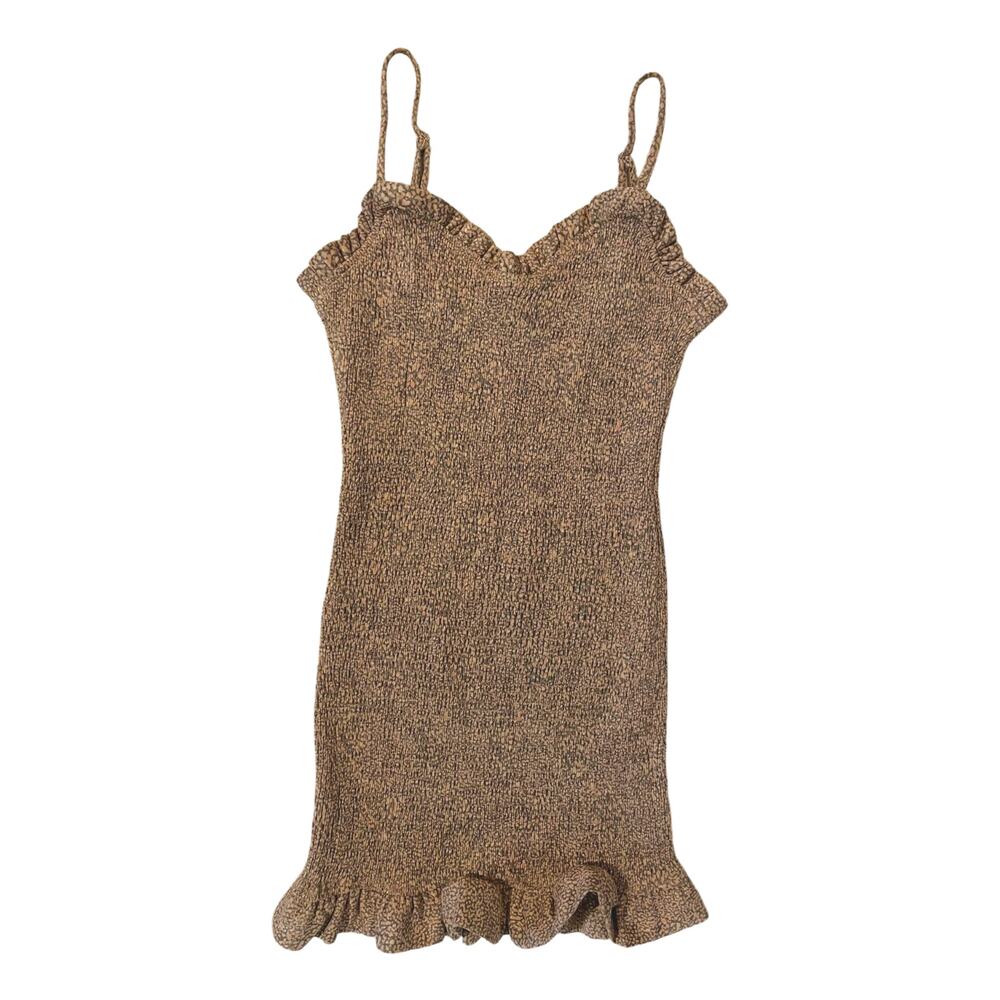 STORIA Smocked Dress Ruffle Size L Brown Coquette Mini Bodycon Cowgirl Western
